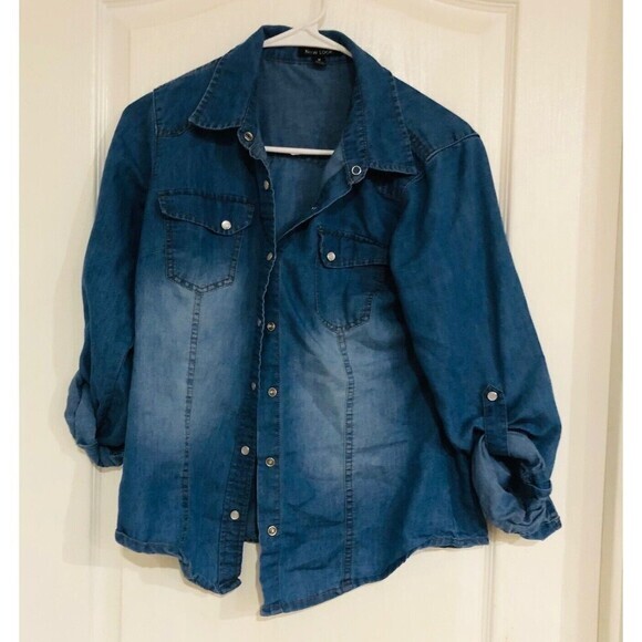 New Look Women's Button Up Shirt Roll Tab Long Sleeve Denim Blue Sz Medium Used - Picture 1 of 5